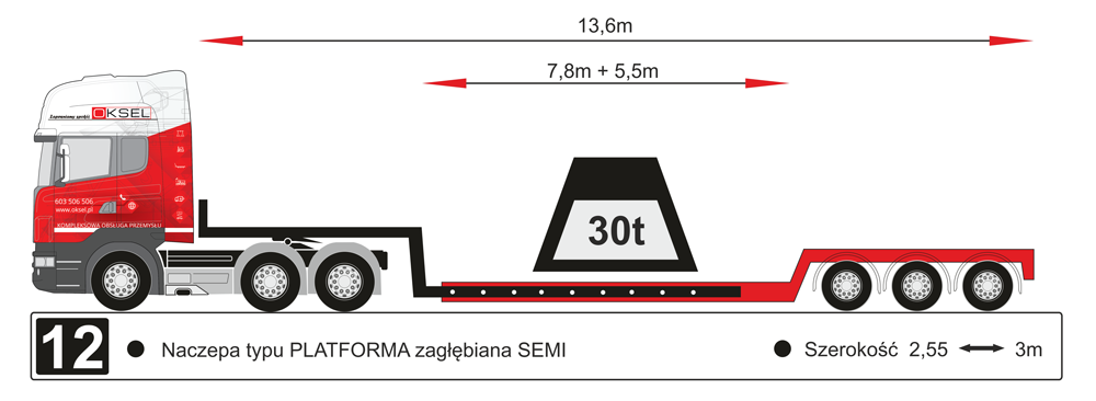 Naczepa typu platforma zagłębiana semi, szerokość 2,55m - 3m - Rysunek techniczny