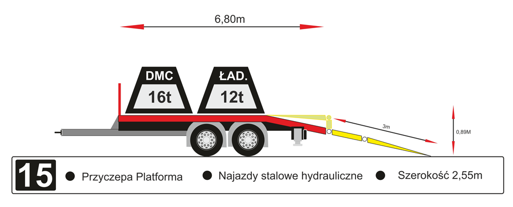 Przyczepa platforma, najazdy stalowe hydrauliczne, szerokość 2,55m - Rysunek techniczny