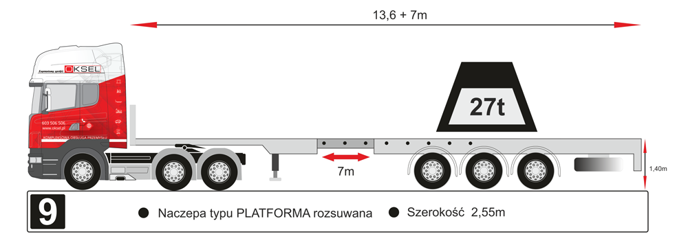 Naczepa typu platforma rozsuwana, szerokość 2,55m - Rysunek techniczny